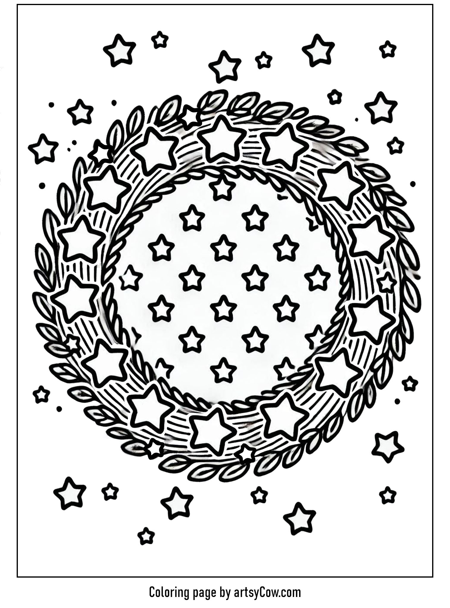 Presidents Day Coloring Pages featuring a circular wreath made of stars, surrounded by additional scattered stars and leaves. Perfect for festive and patriotic coloring activities.